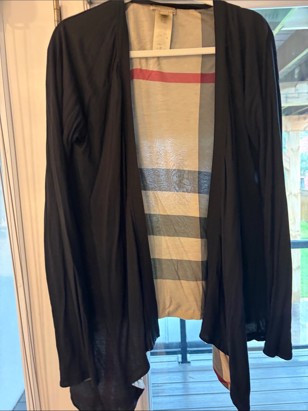 Burberry Black Open-Front Draped Cardigan with Signature Check Lining